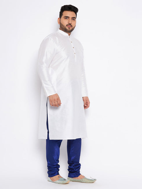Jashvi Men's Plus Size White Silk Blend Kurta And Blue Pyjama Set